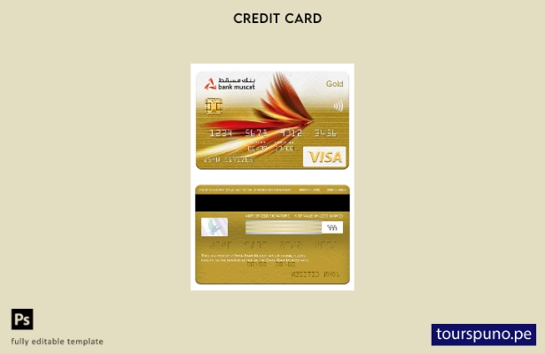 listo para imprimir plantilla de tarjeta dorada visa bancaria de Oman Bank Musca